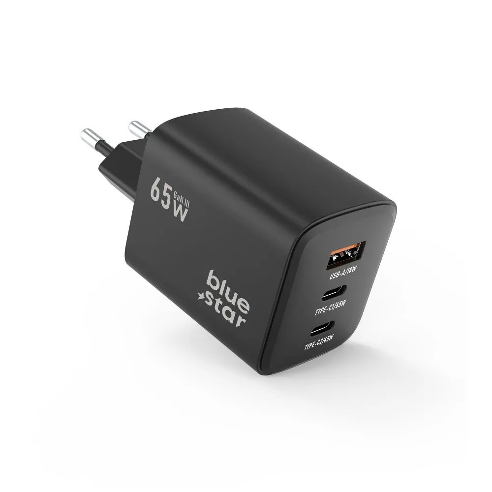 BlueStar adaptér 2x USB-C, USB-A, 65W, čierny