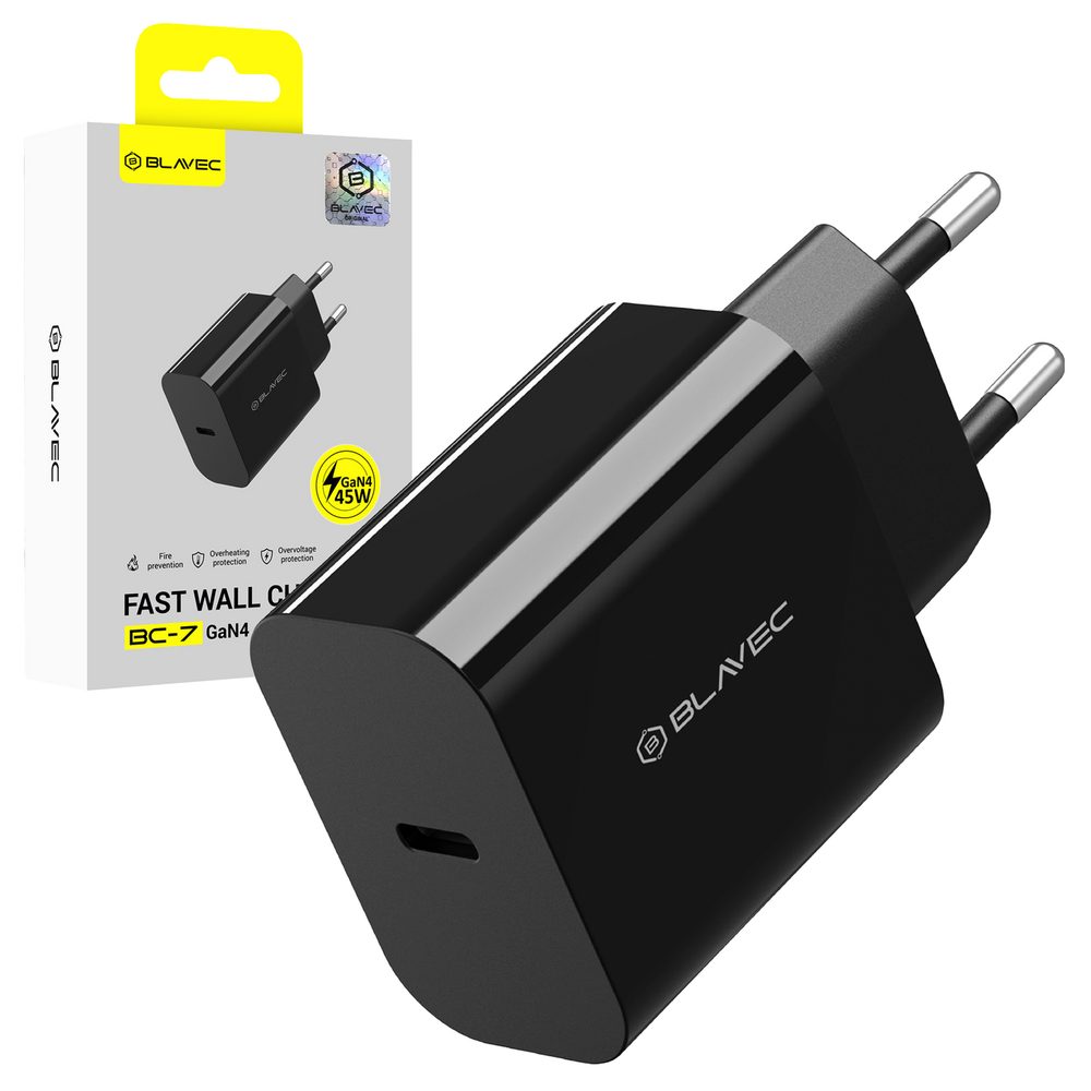 Levně Blavec nabíječka BC-7, GaN4, PD QC 45W 3A, USB-C, černá