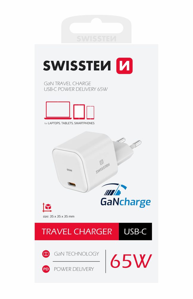 Swissten síťový adaptér GaN 1x USB-C 65W, Power Delivery, bílý