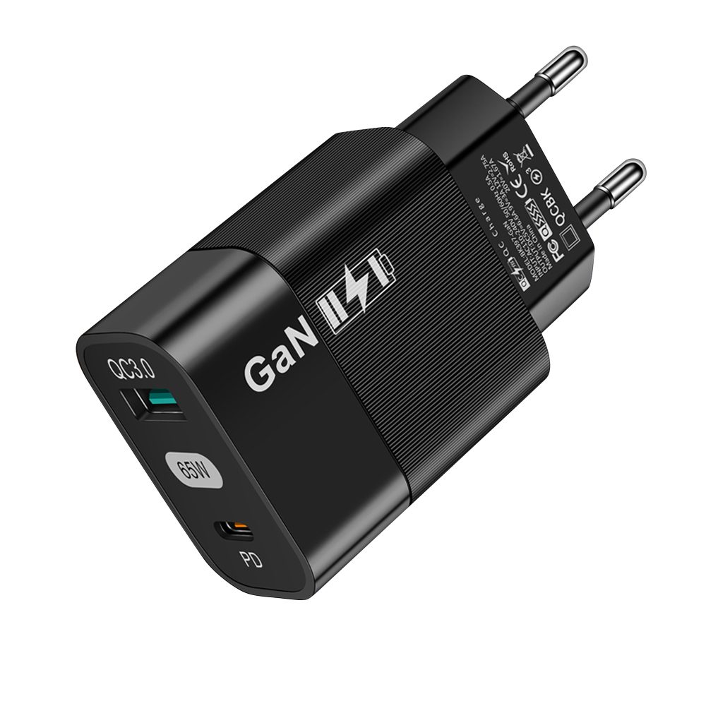 Techsuit töltő GaN 65W, USB + USB-C, fekete