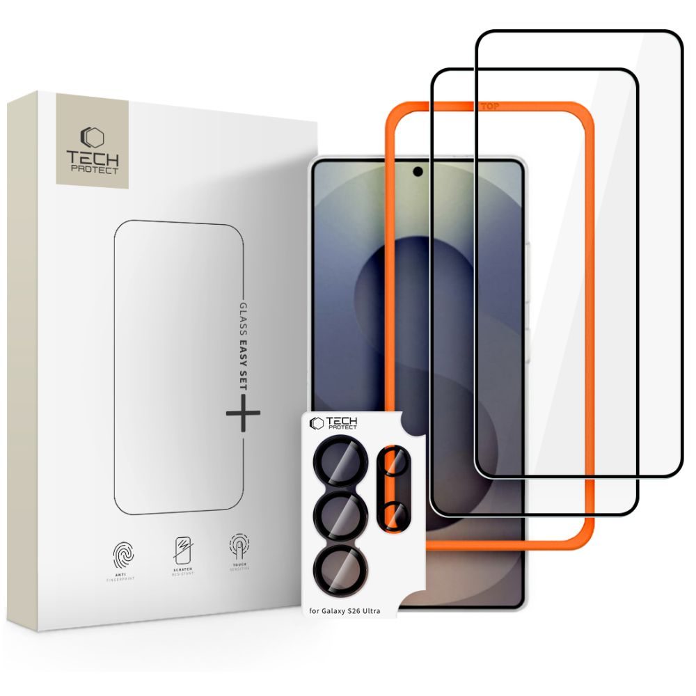 Tech-Protect Easy Set+, 2 tvrzené skla + sklo na čočku, Samsung Galaxy S26 Ultra, černá