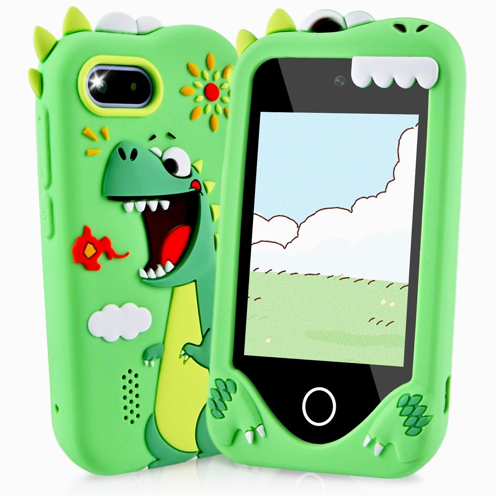 Levně Chytrý telefon pro děti s hrami, MP3, duálním fotoaparátem a dotykovým displejem, zelený dinosaurus