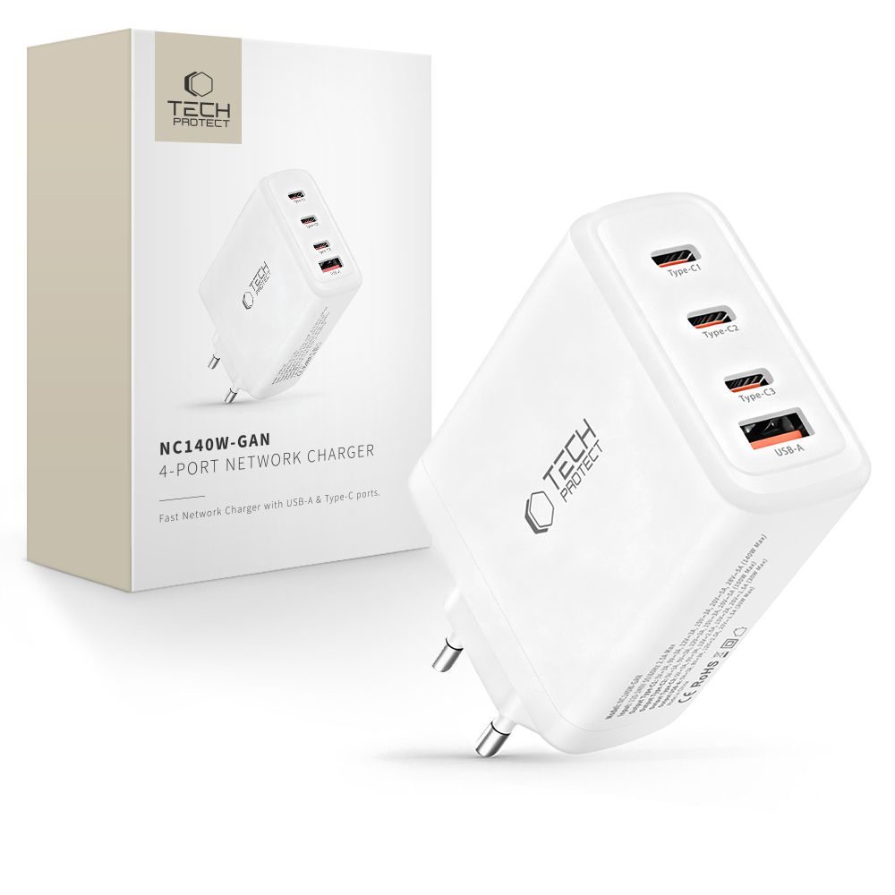 Levně Tech-Protect NC140W-GAN 4-portová nabíječka PD 140W / QC3.0, bílá