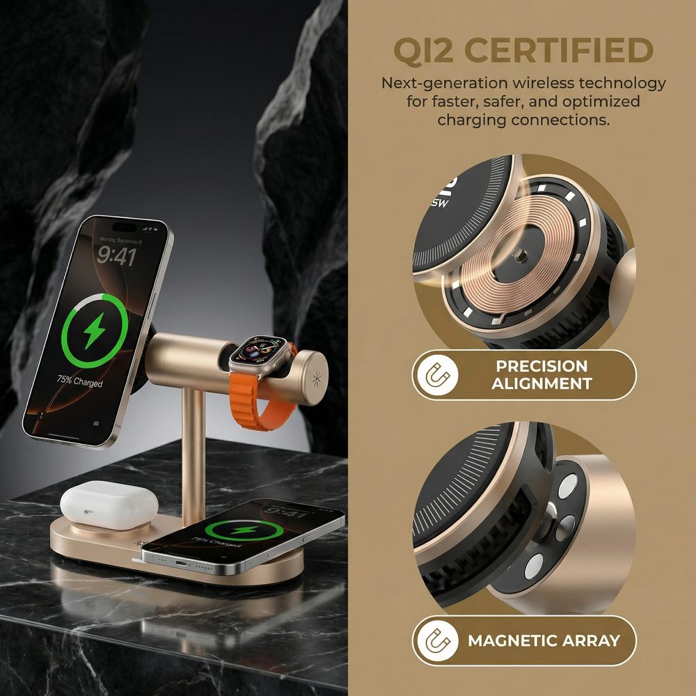 Qi2.2 MagSafe Nabíjecí stanice 5v1 s aktivním chlazením, 25 W a 360° rotací pro iPhone, Apple Watch, AirPods, Android, modrá