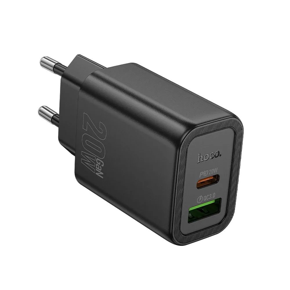 Hoco Hálózati töltő N61 USB + USB-C, PD QC3.0 3A 20W, fekete