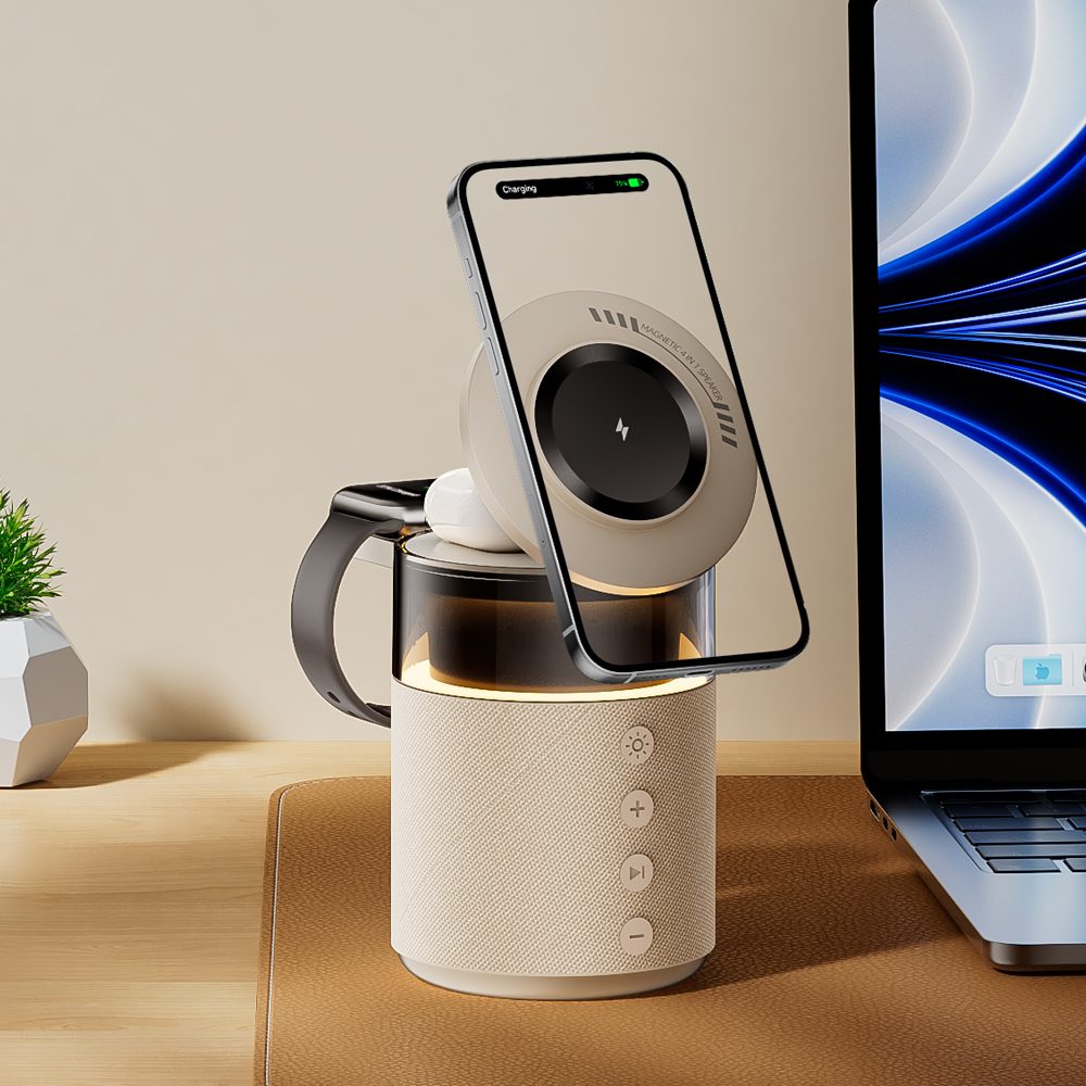 5v1 MagSafe nabíjačka s reproduktorom a skladacím dizajnom pre iOS a Android, biela