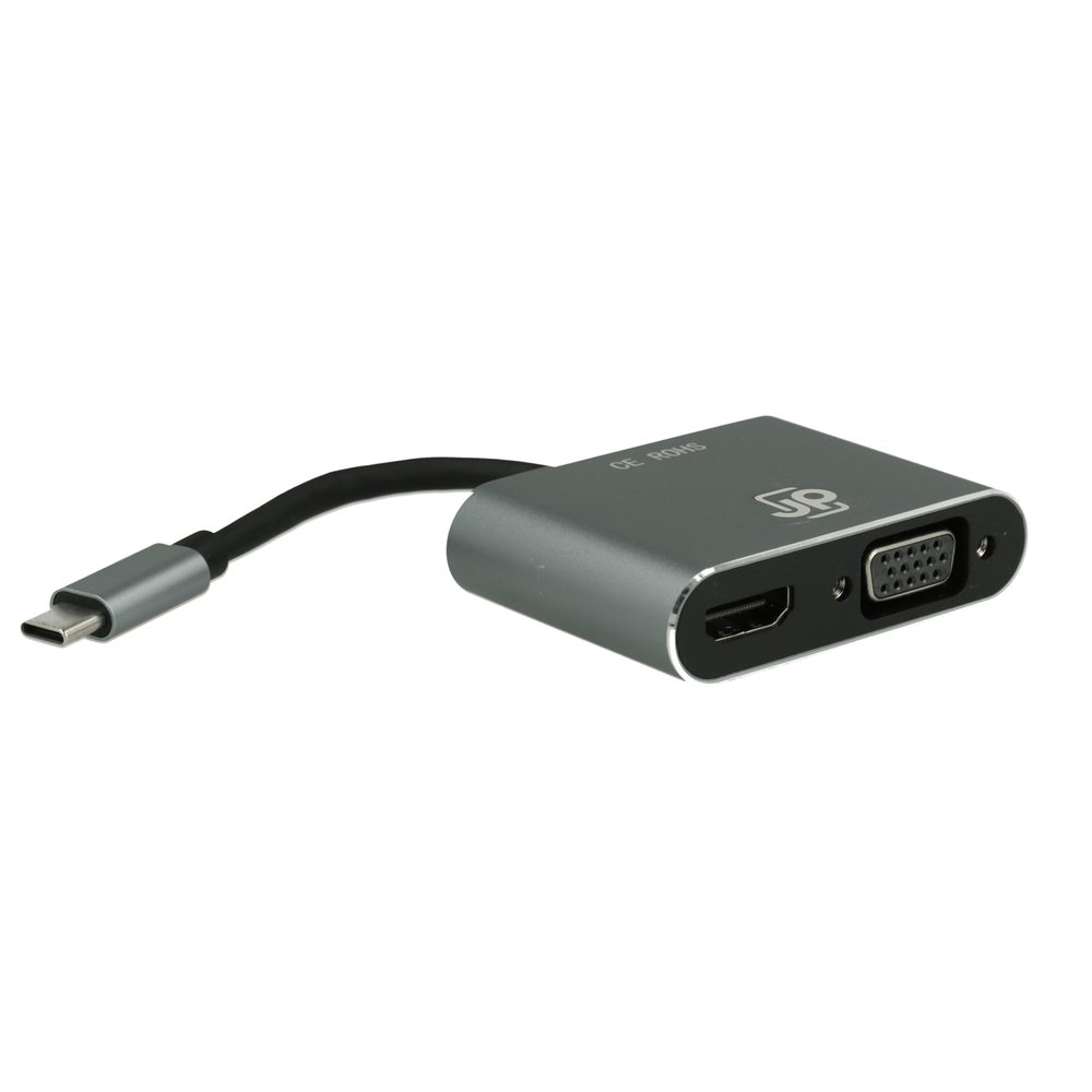 JP Hub 4v1, USB-C na HDMI / VGA / USB 3.1 / USB-C PD, sivý