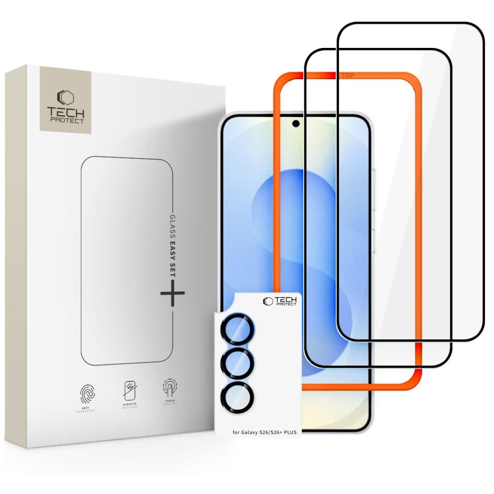 Tech-Protect Easy Set+, 2 tvrzené skla + sklo na čočku, Samsung Galaxy S26, černá