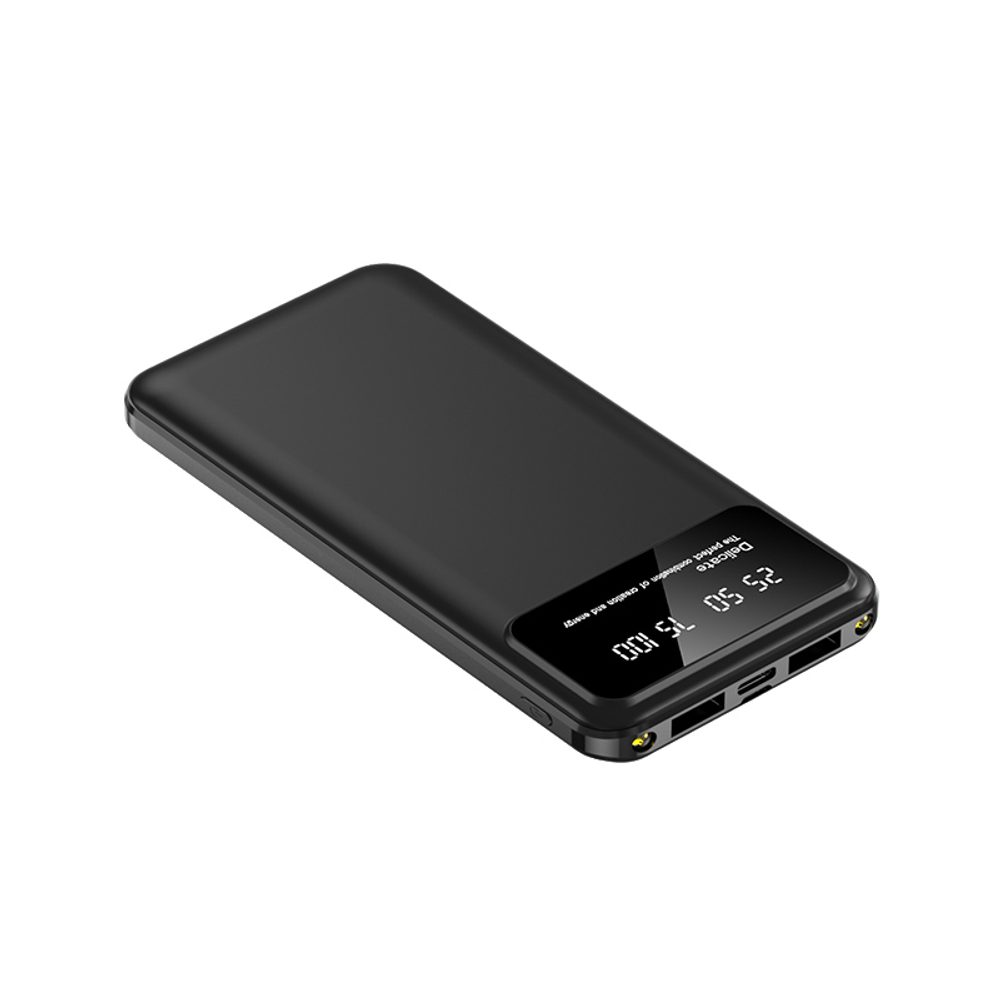 Powerbank 10000mAh, 2x USB, 1x USB-C, LED világítással, fekete színű