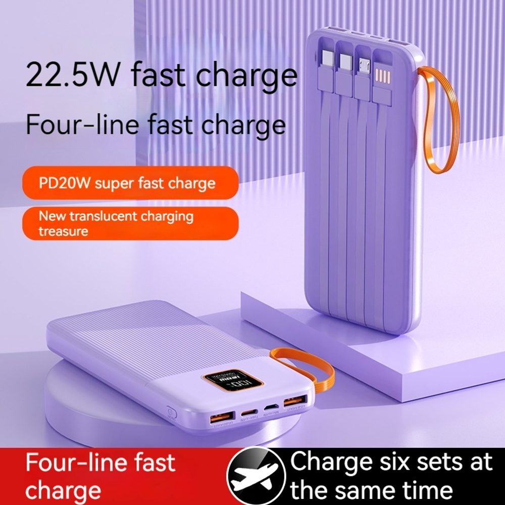 Powerbanka 20000mAh so 4 vstavanými káblami, 2x USB-A, 1x USB-C, PD 22,5 W, QC 3.0, LED displej, fialová