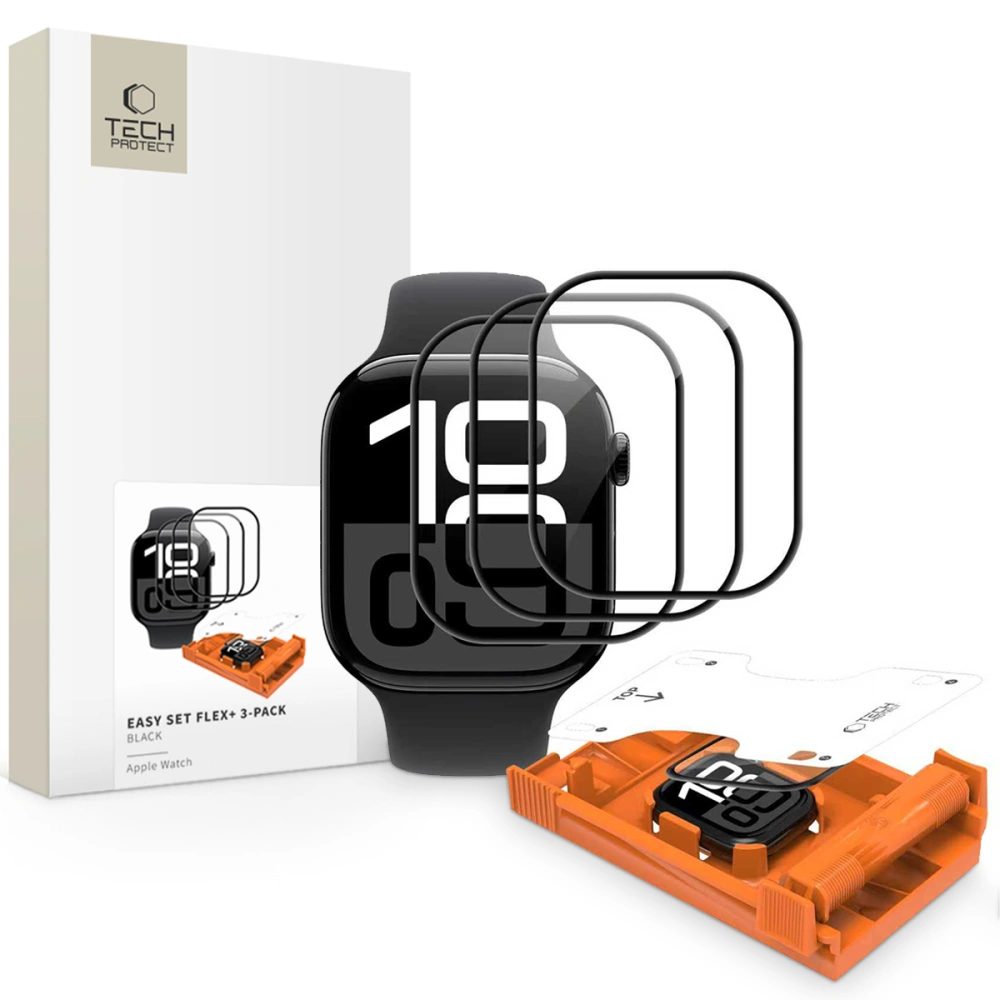 Levně Tech-Protect Hybridní sklo Easy Set Flex+, Apple Watch 10 / 11 (46 mm), černé, 3 kusy