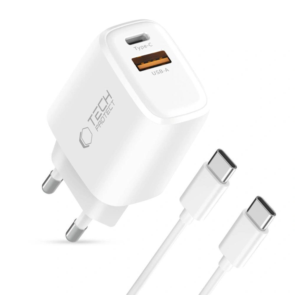 Tech-Protect NCA20 2-portová sieťová nabíjačka PD 20W / QC3.0 + kábel USB-C, biela