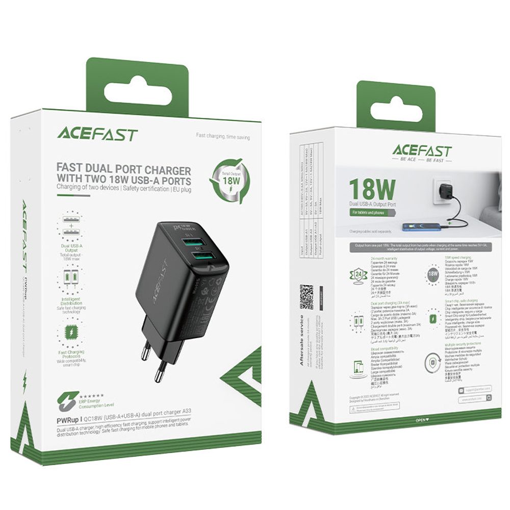 Acefast Töltő 2x USB 18W QC 3.0, AFC, FCP, Fekete (A33 Fekete)