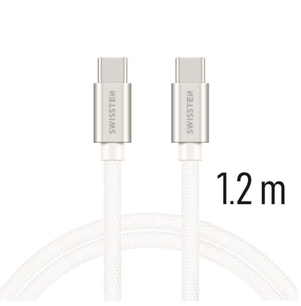 Dátový Kábel Swissten Textilný, USB-C / USB-C, 1,2 M, Strieborný