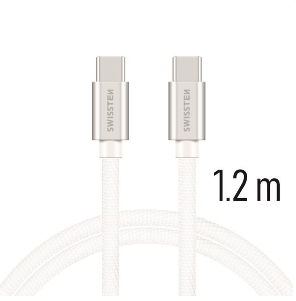 Swissten Tekstilni Podatkovni Kabel, USB-C / USB-C, 1,2 M, Srebrn