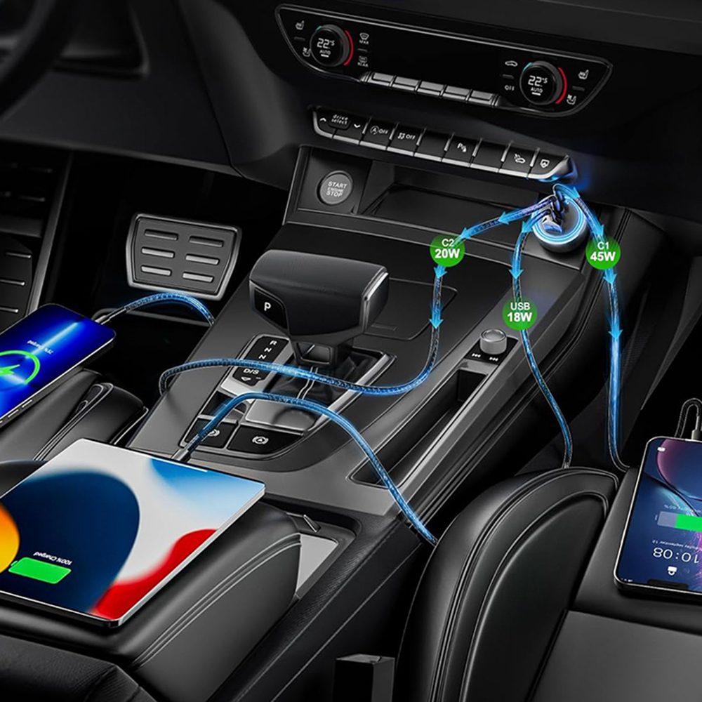 Techsuit autonabíjačka (C6), USB + 2× USB-C, 60W, strieborná
