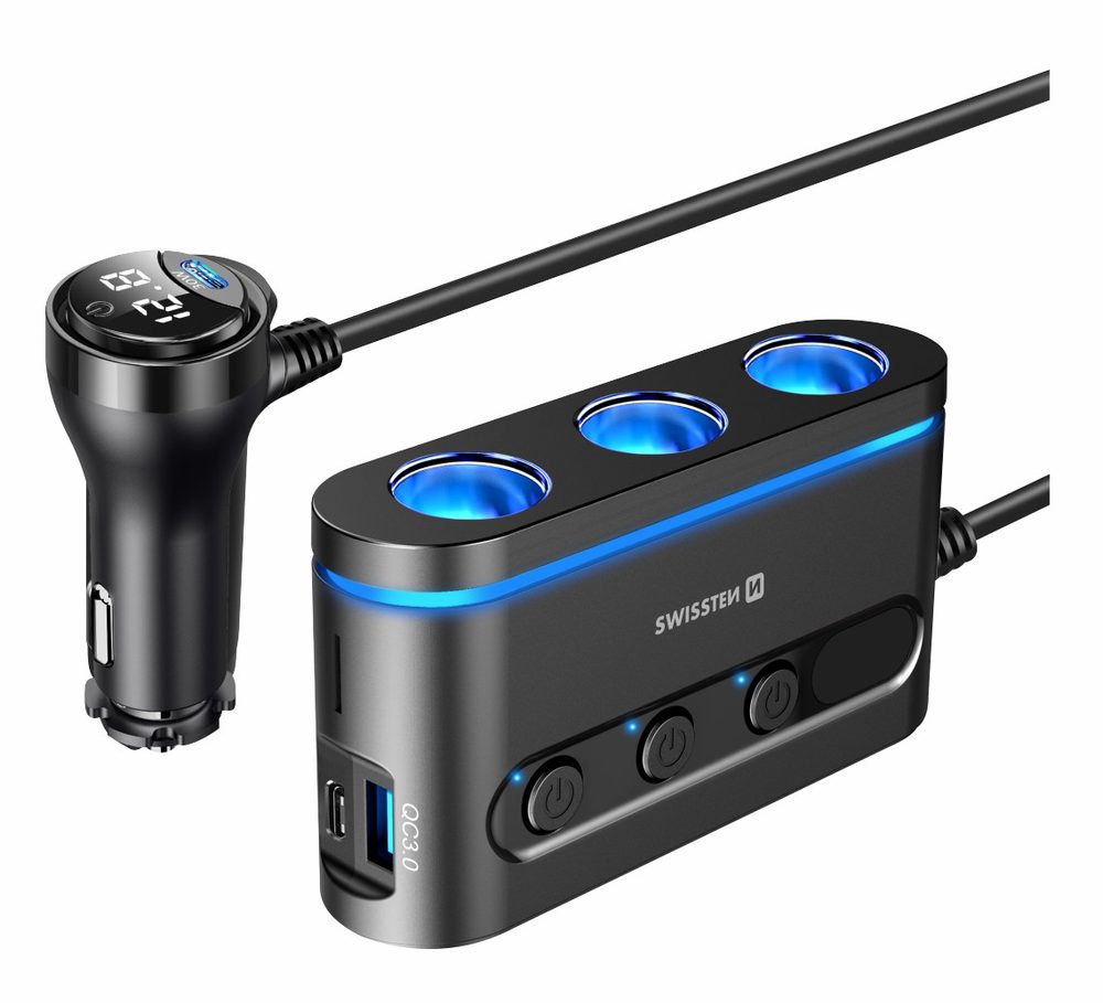 Swissten Auto Adapter S Izlazom 3x CL, 2x UCB-C PD I 1x USB-A QA 3.0, 108W - 216W