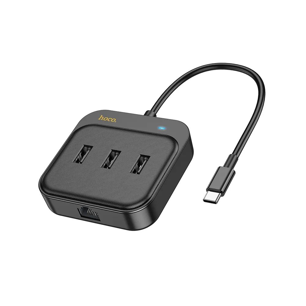 Hoco adaptér HUB 4v1 USB-C na 3x USB2.0 + RJ45, 100 Mbps Ethernet, 0,2 m, černý (HB35)