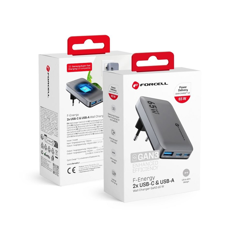 Forcell F-Energy ultratenká nabíjačka VT-47, 2x USB-C + USB-A, 4A, 65W, sivá