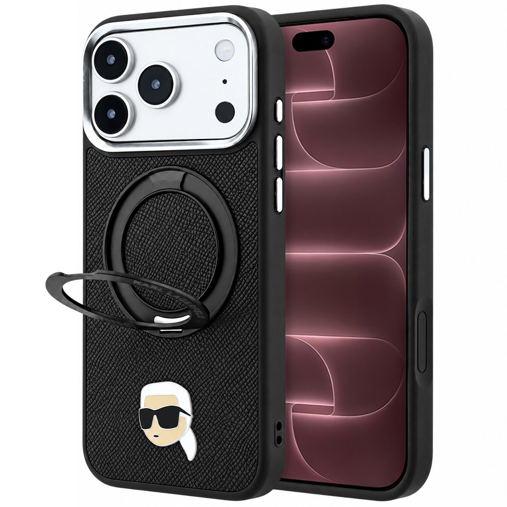 Karl Lagerfeld Leather Ring Stand 360 K Pin MagSafe, husă de protecție, iPhone 17 Pro Max / 18 Pro Max, negru