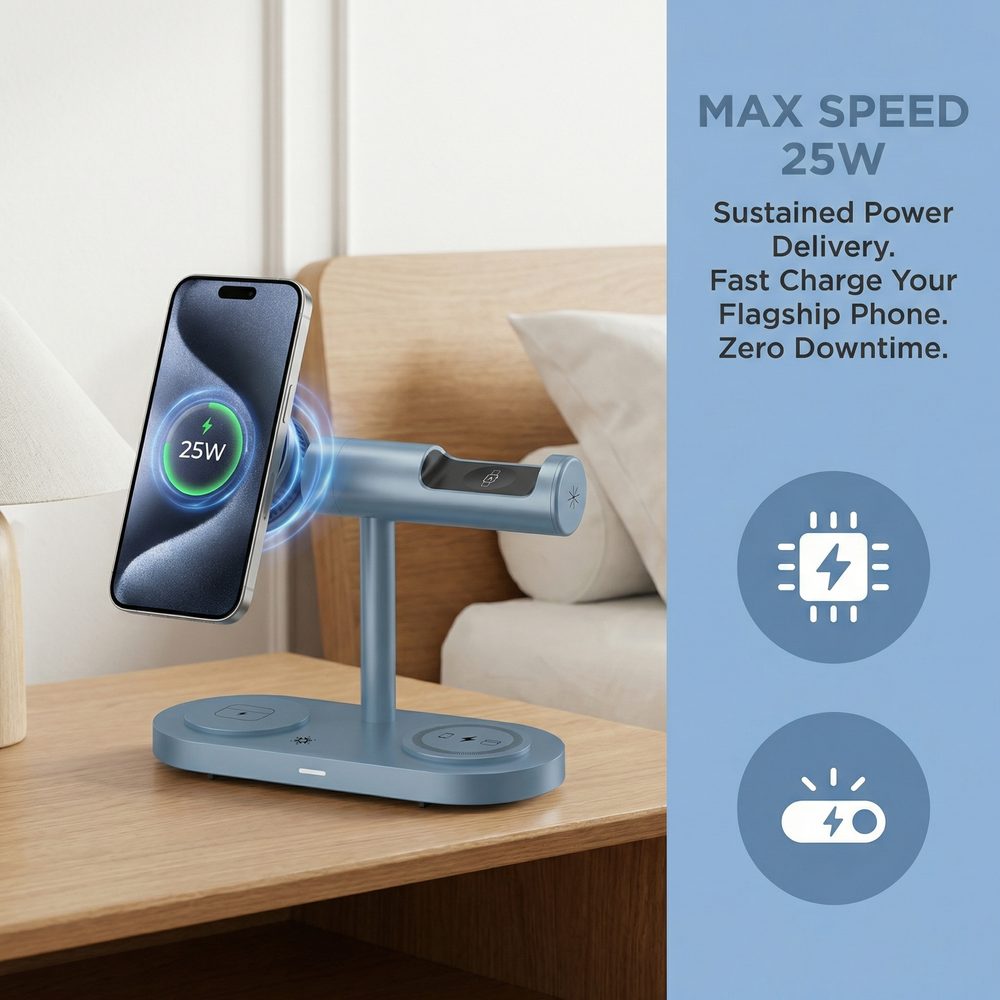 Qi2.2 MagSafe Nabíjecí stanice 5v1 s aktivním chlazením, 25 W a 360° rotací pro iPhone, Apple Watch, AirPods, Android, modrá