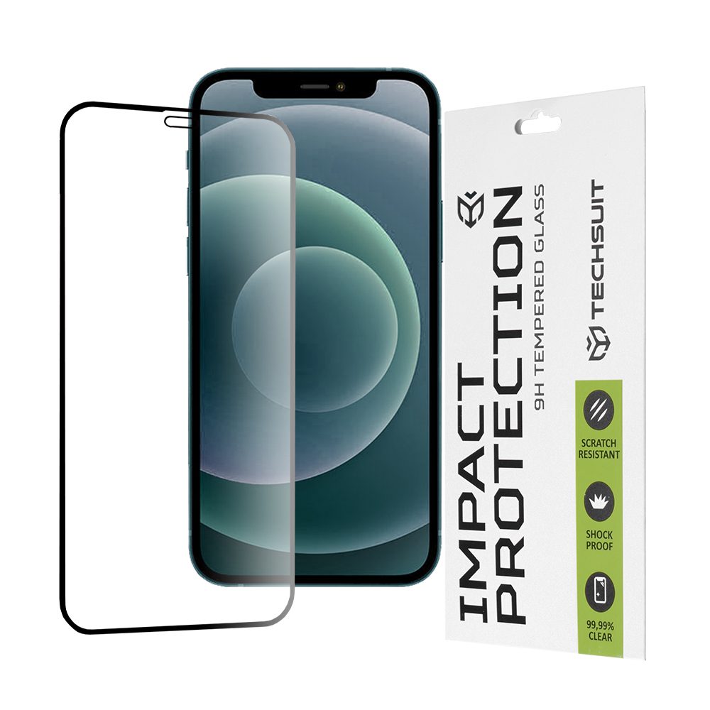 TechSuit 111D Zaščitno Kaljeno Steklo, IPhone 12 Pro Max, črn