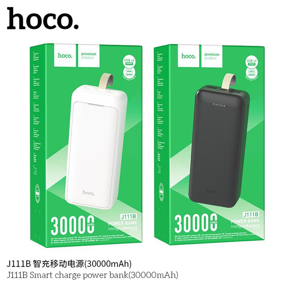 Hoco J111B PowerBanka 30000mAh, 2x USB, USB-C, Micro-USB, PD30W, S LED Diodou A šňůrkou Na Krk, černá