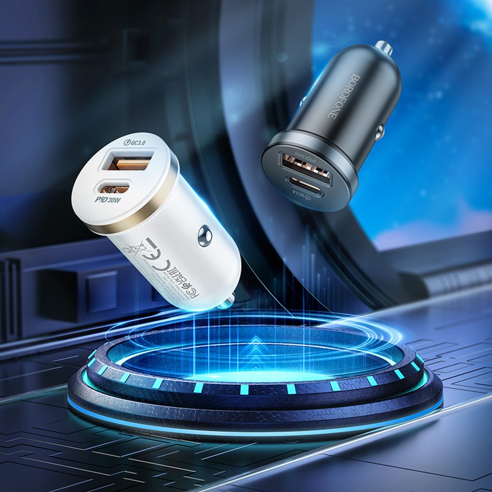 Borofone BZ22 Scenografski Avtomobilski Polnilnik, USB + USB-C, QC 3.0, PD 30 W, S Kablom USB-C - Lightning, črn