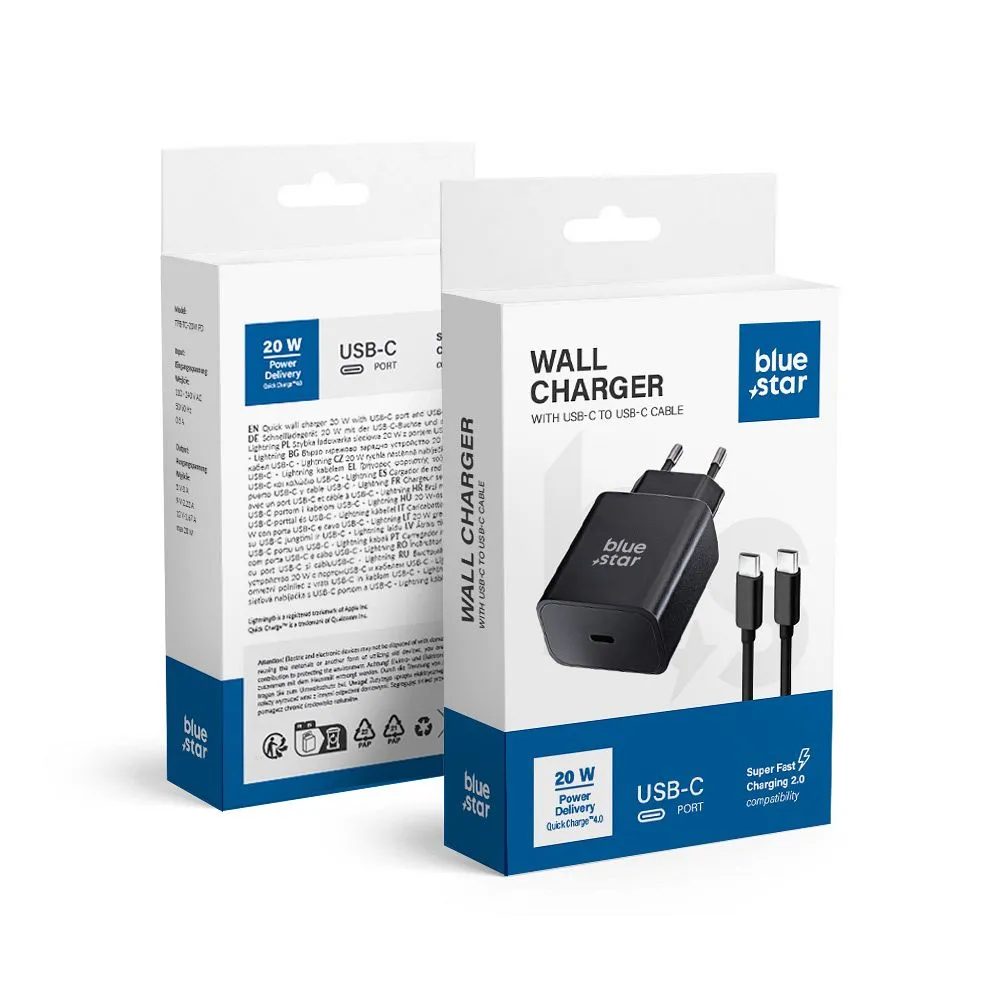 BlueStar USB-C töltő + USB-C kábel - USB-C, fekete