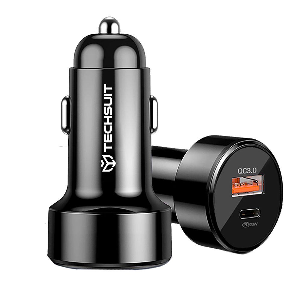 Techsuit Premium (CAPD028) Autós Töltő, USB-A, USB-C, QC 3.0, 38W, Fekete