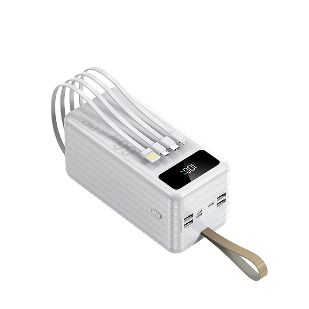 Levně Powerbanka 60 000 mAh, PD66W, 2.1A, 4 integrované kabely + LED světlo, bílá