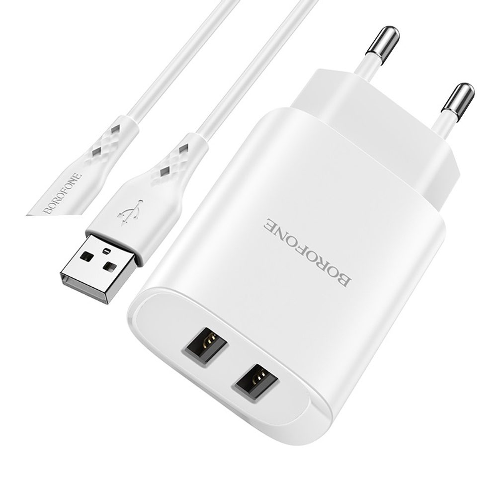 Borofone încărcător BN2 Super - 2x USB - Micro USB, 2,1A, Alb