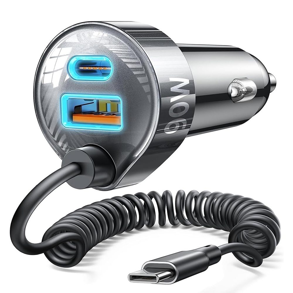Lisen Autonabíjačka USB-A + USB-C s USB-C káblom, 90 W, 12V/24V, čierna