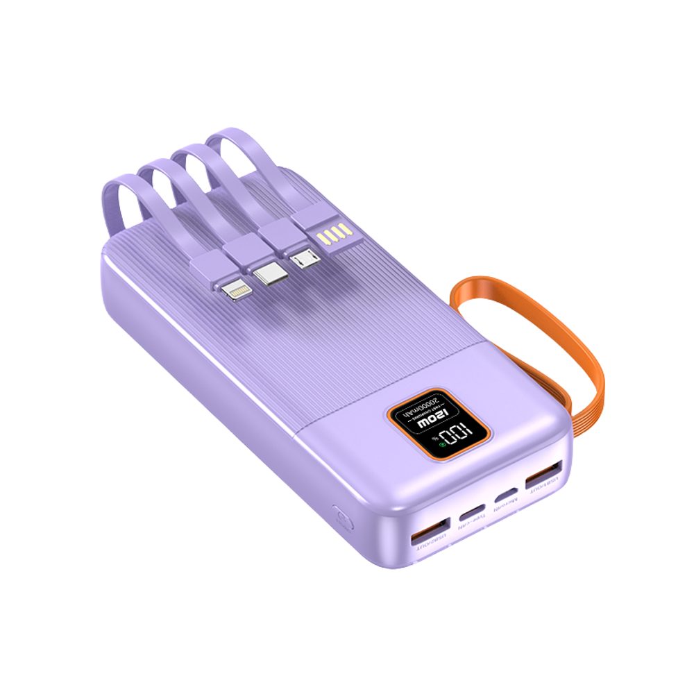 Levně Powerbanka 20000mAh se 4 vestavěnými kabely, 2x USB-A, 1x USB-C, PD 22,5W, QC 3.0, LED displej, fialová