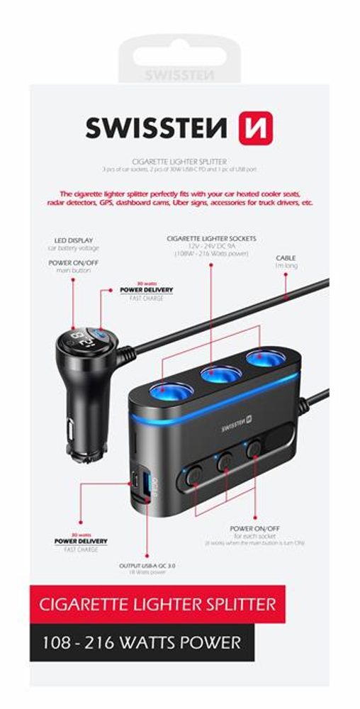 Swissten Autós Adapter 3x CL, 2x UCB-C PD és 1x USB-A QA 3.0 Kimenettel, 108W - 216W