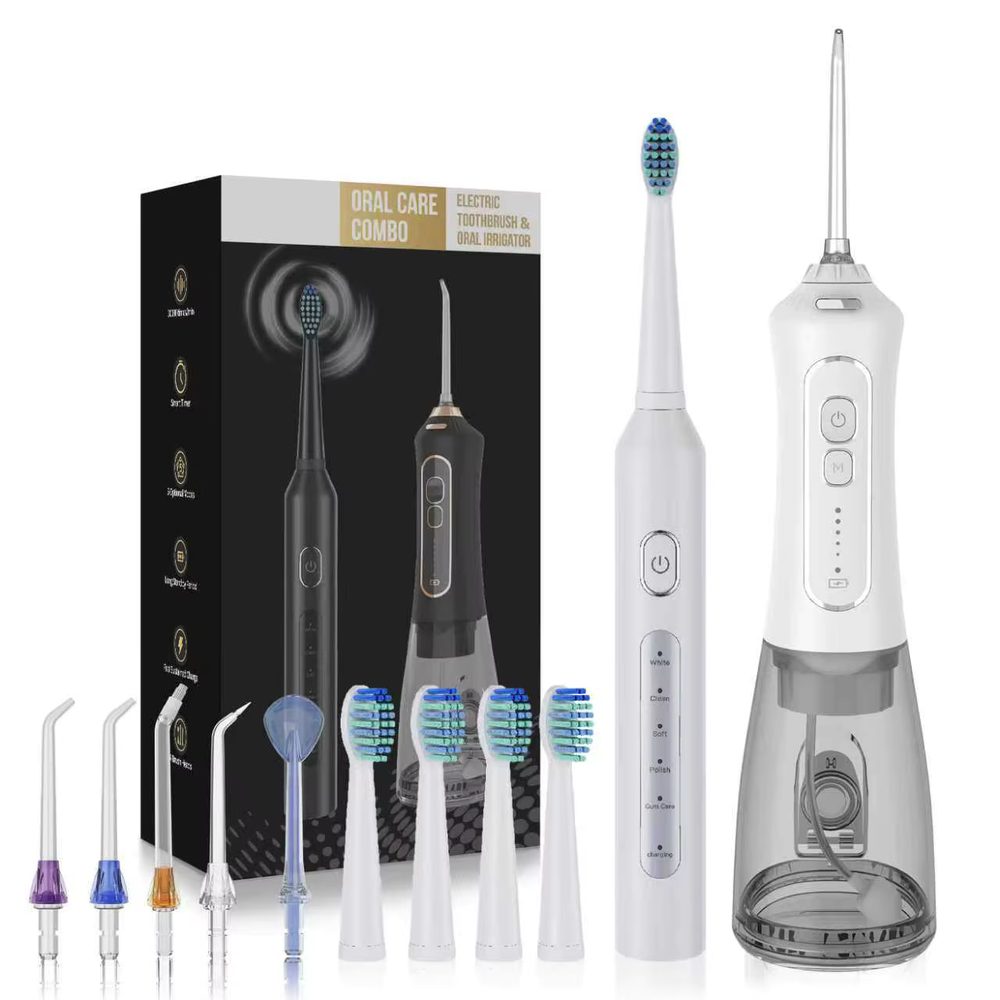 Set sonične električne četkice i bežične vodene tuš-pumpe za usta 2u1 (IPX7, 5 režima, 300 ml), bijela
