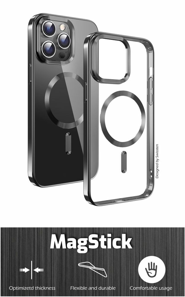 Swissten Clear Jelly MagStick Metallic, IPhone 15 Plus, černé