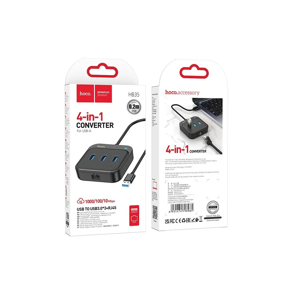 Hoco Adapter HUB 4 U 1 USB Na 3x USB3.0 + RJ45, Gigabit Ethernet, 0,2 M, Crni (HB35)