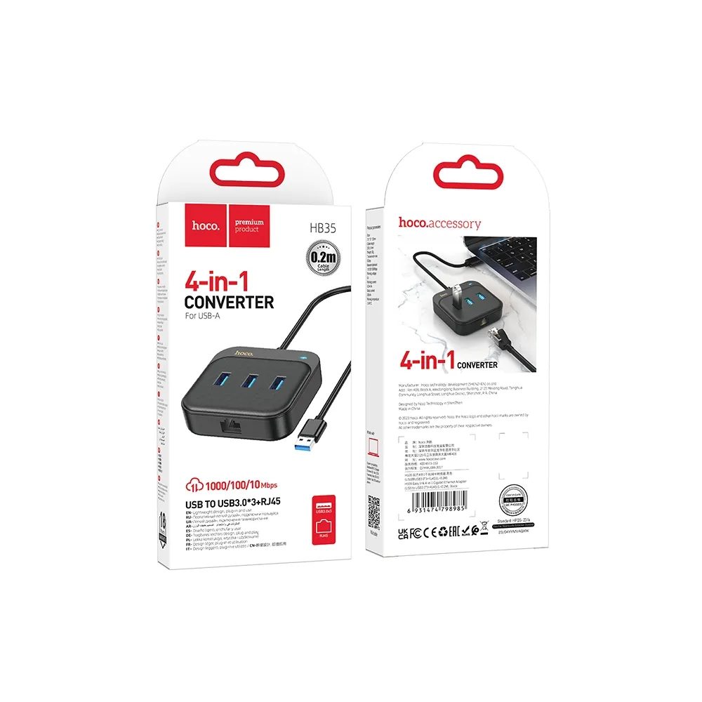 Hoco Adaptér HUB 4v1 USB Na 3x USB3.0 + RJ45, Gigabit Ethernet, 0,2 M, černý (HB35)