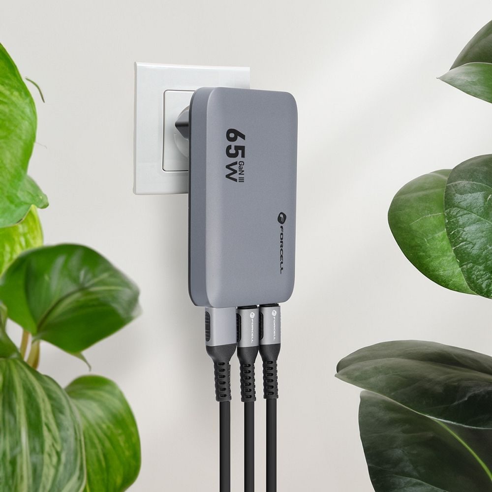 Forcell F-Energy ultratenká nabíjačka VT-47, 2x USB-C + USB-A, 4A, 65W, sivá