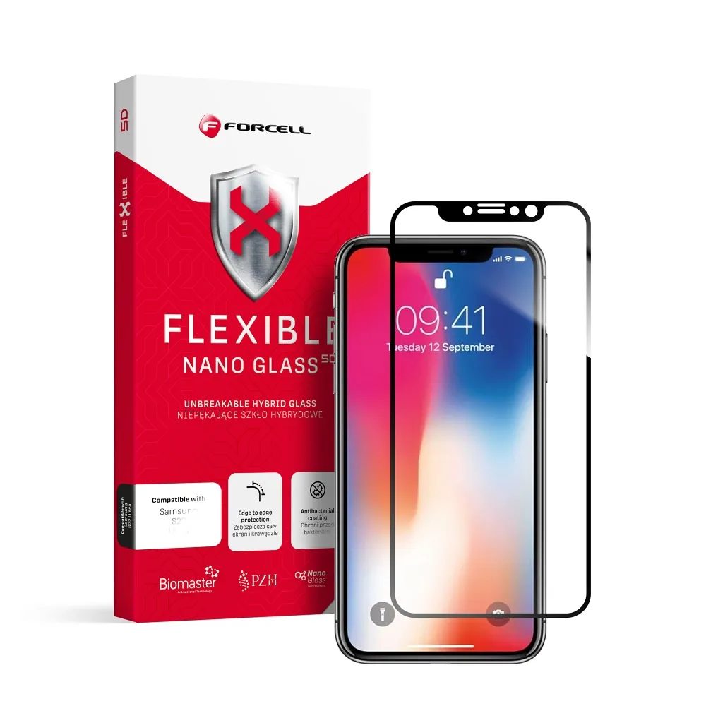 Forcell Flexible 5D Full Glue Hibridno Staklo, IPhone X / Xs, Crni