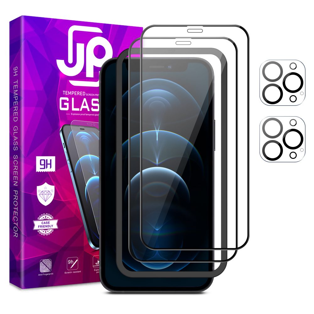 JP Pachet Complet Sticlă Securizată, 2x Sticlă 3D cu aplicator + 2x sticlă pentru obiectiv, iPhone 12 Pro