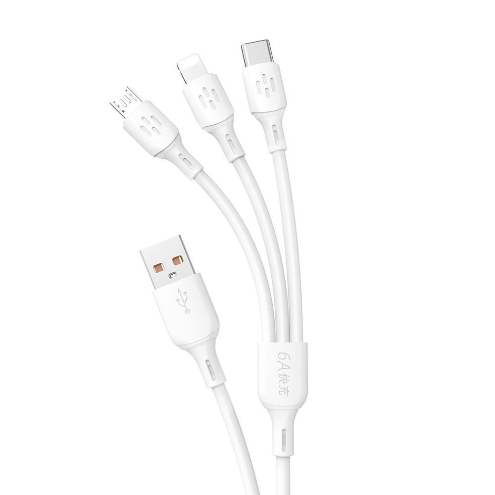 Dudao USB Kabel - USB-C / MicroUSB / Lightning, 480Mb/s, 6A, 1,2 M, Bijeli