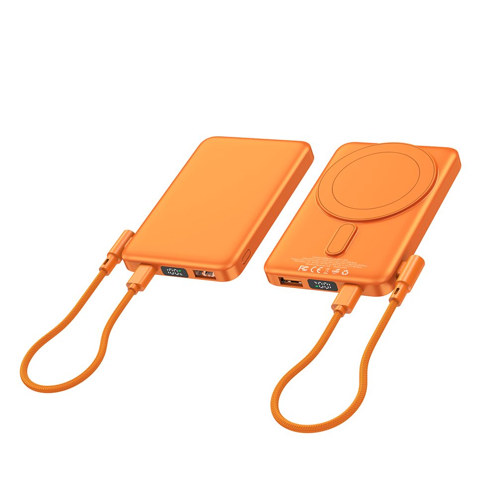 Levně Ultra Slim MagSafe powerbanka s bezdrátovým nabíjením 20W, LED displej, 10000 mAh, oranžová