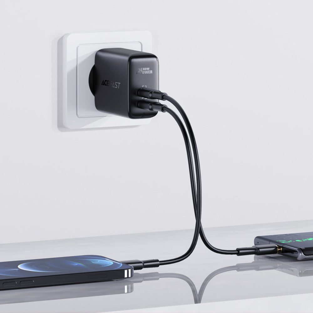 Acefast Adapter 2x USB-C 40W, PPS, PD, QC 3.0, AFC, FCP, Fehér (A9 Fehér)