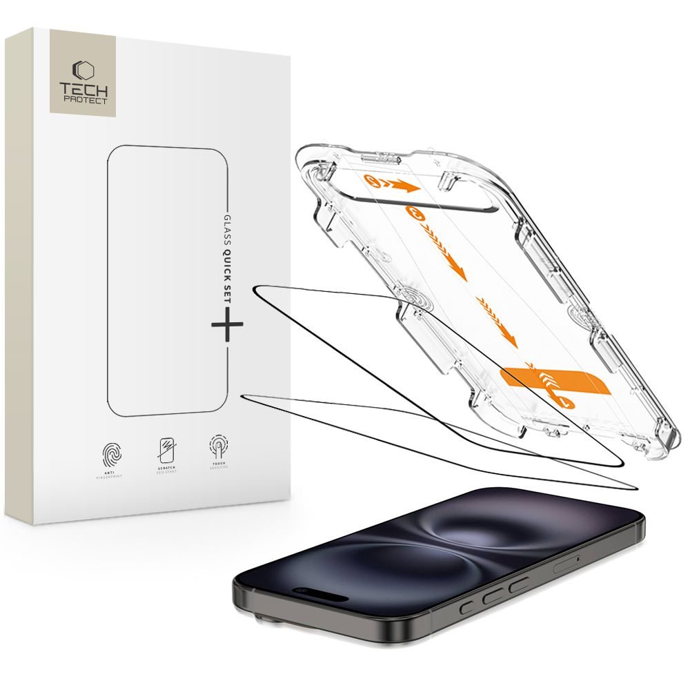 Levně Tech-Protect Tvrzené sklo Quick Set+, iPhone 15 / 16, černé, 2 kusy