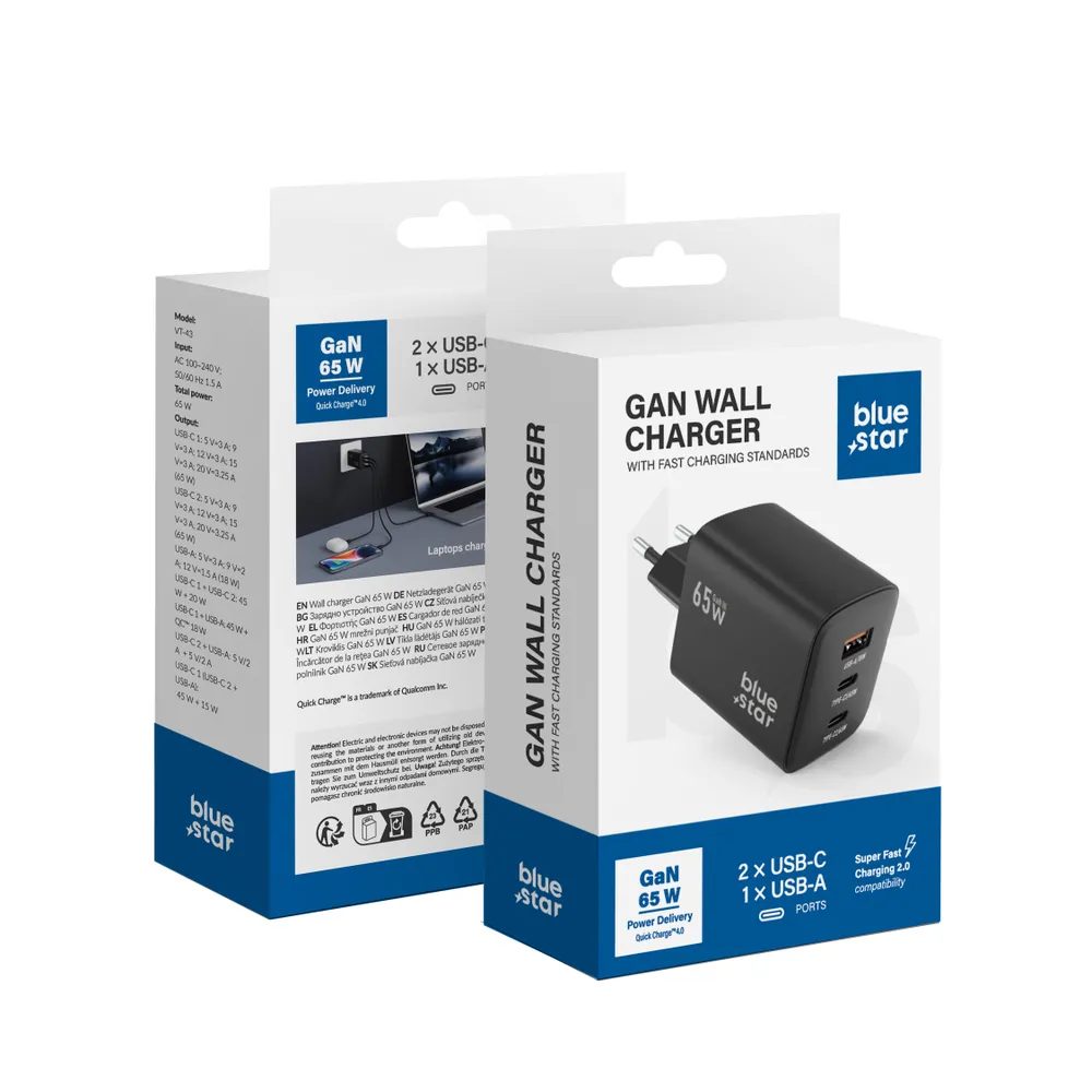 BlueStar adapter 2x USB-C, USB-A, 65W, Fekete