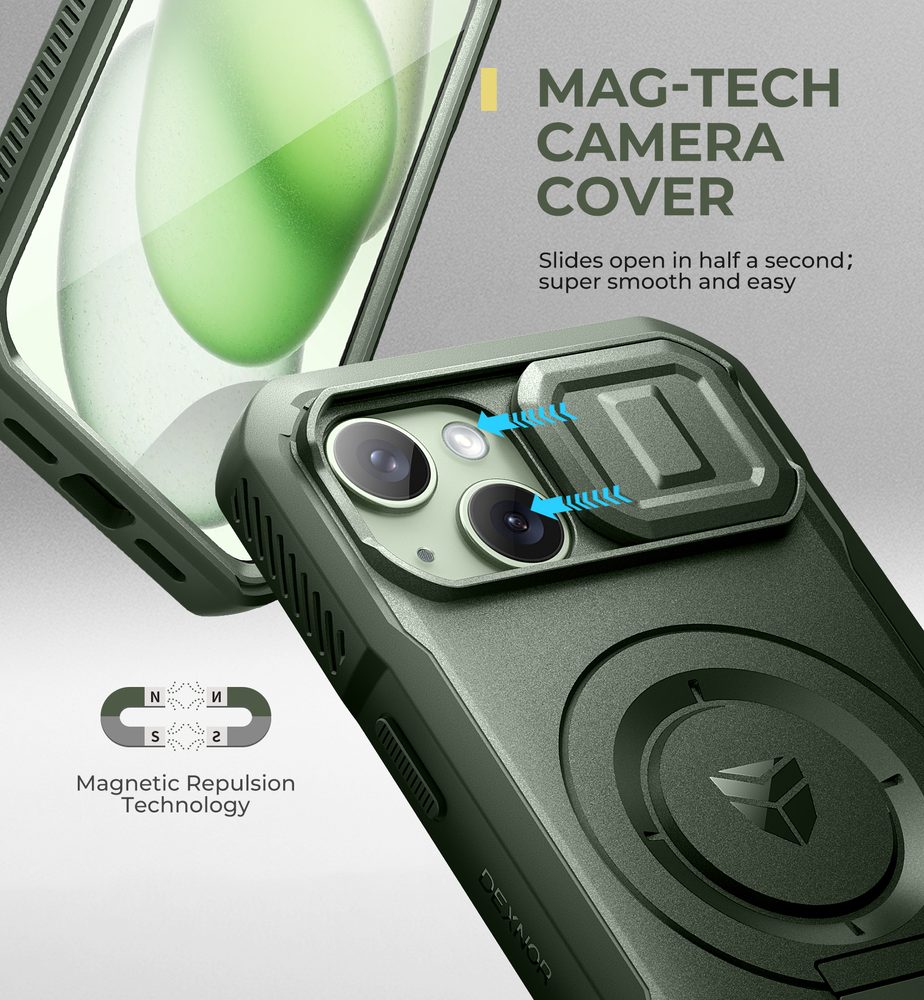 Dexnor MagSafe 360 Kickstand Camprotector obal iPhone 15, zelený