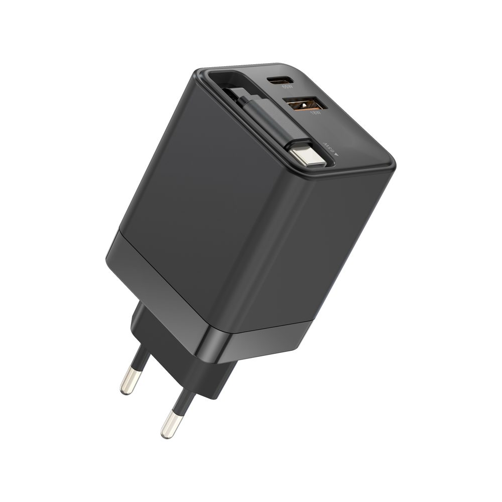 65W GaN nabíjačka s USB-A a USB-C, výsuvným káblom USB-C a rýchlym nabíjaním, QC3.0, PD 3.0, čierna