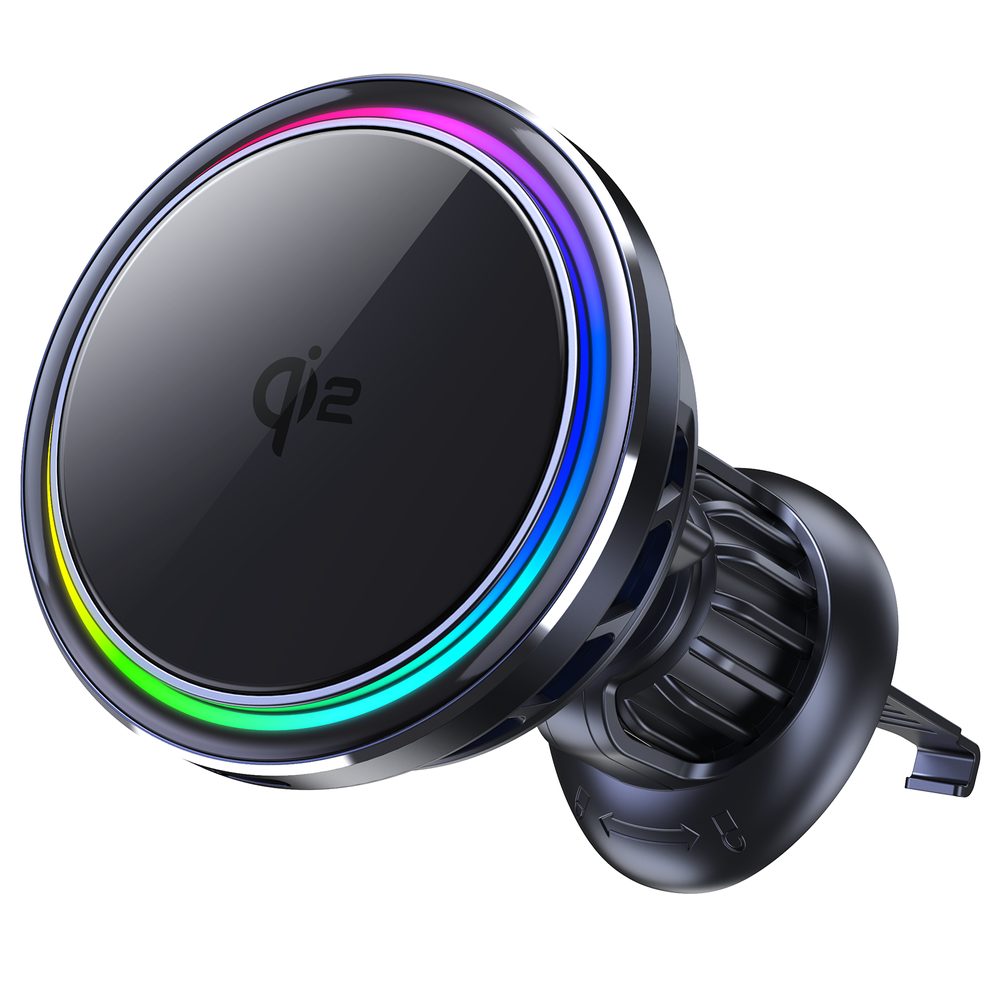 Levně Chladící MagSafe Qi2 držák s bezdrátovým nabíjením do ventilační mřížky auta, s RGB volitelným podsvícením, 15W, kulatý, černý